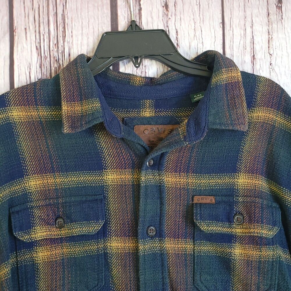 Orvis Mens XL Flannel Cotton Plaid Blue Green Yellow Button Front Shirt Pockets